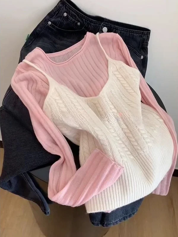 

Korean Sle round Ne Knitted Sweater Strap Women's Autumn Gentle Ele Slimming Long Sve Top Vest Two-Piece Set