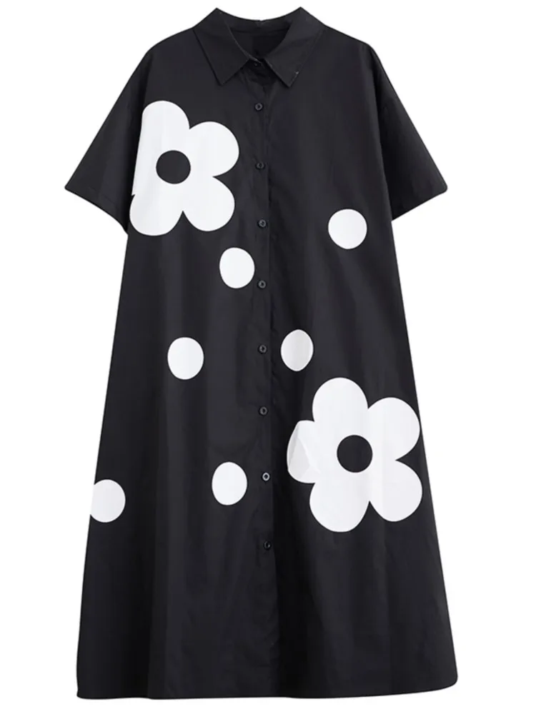 Oversized Summer Midi Shirt Dress Women Flower Polka Dot Print Fashion Casual Ladies Dresses Loose Ruffle Pleated Woman Dress