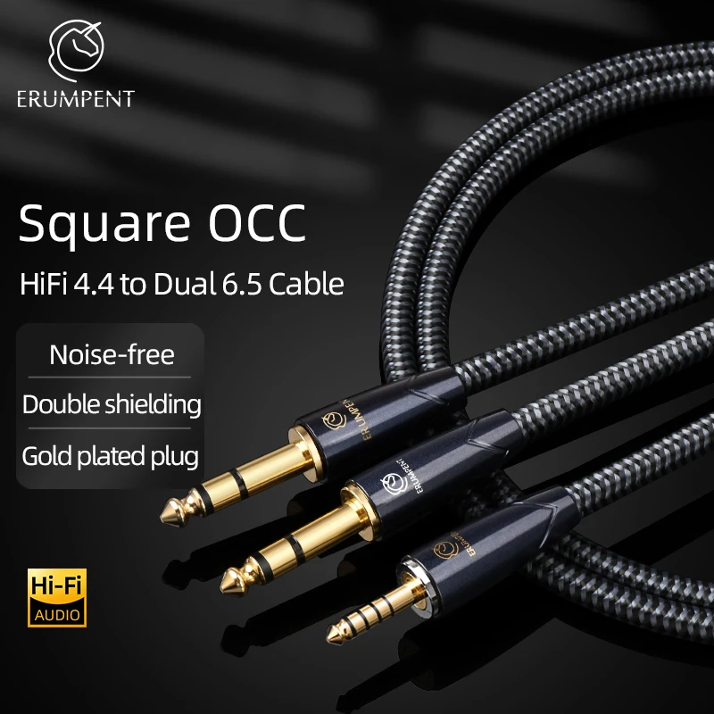 ERUMPENT Hifi 4.4mm Balanced to 6.5mm Audio Cable Square OCC 4.4 Jack to Double 6.5 TRS Jack Audio Adapter Cable