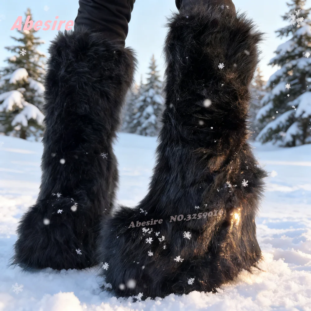 Black Fur Wedges Mid-Calf Boots Winter Fluffy Side Zipper Solid Warm Shoes Luxury 2026 New Platform High Heels Casual Shoes