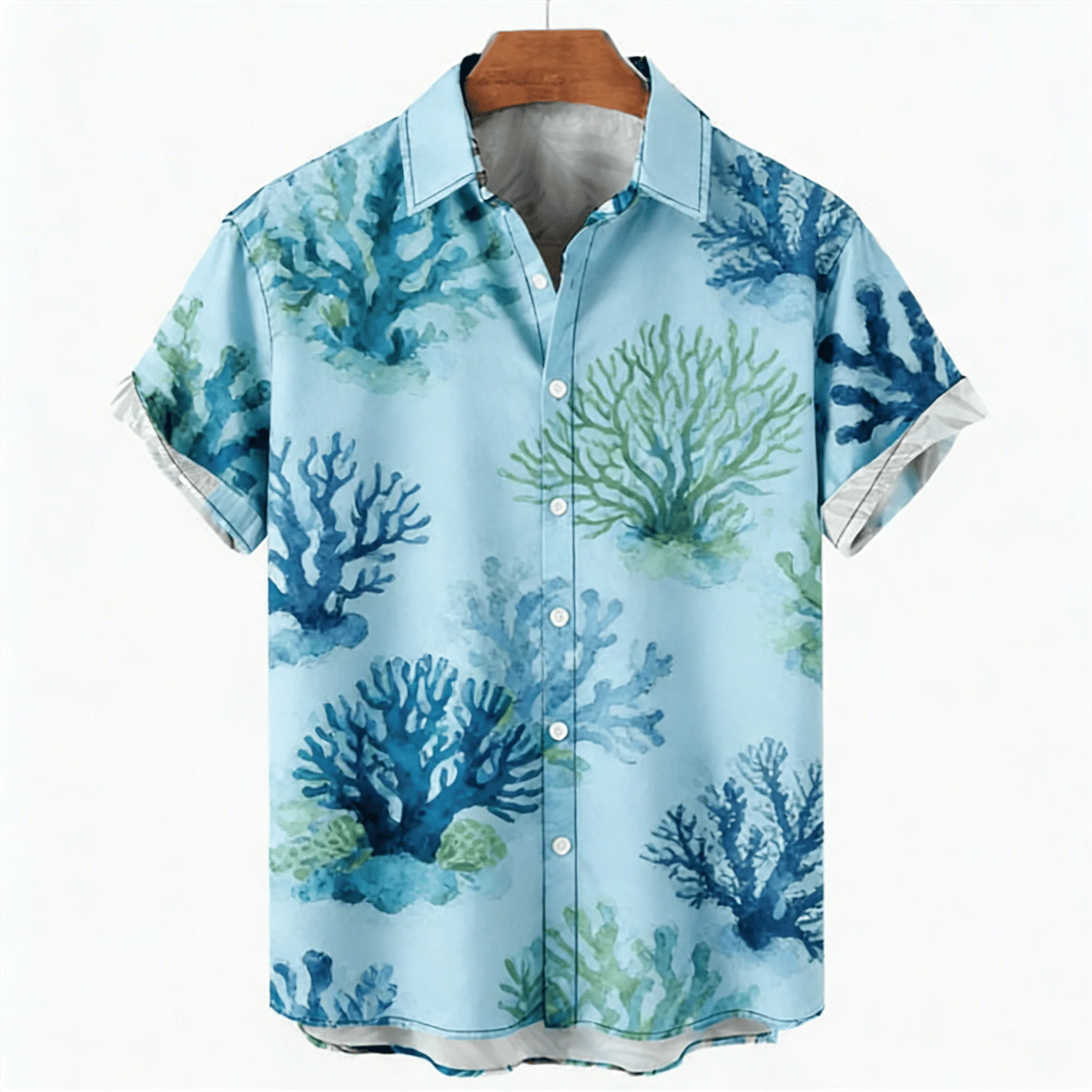 

Men's Watercolor Coral Print Short Sleeve Shirt, Light Blue Ocean Plant Design Button Down for Spring Summer Casual