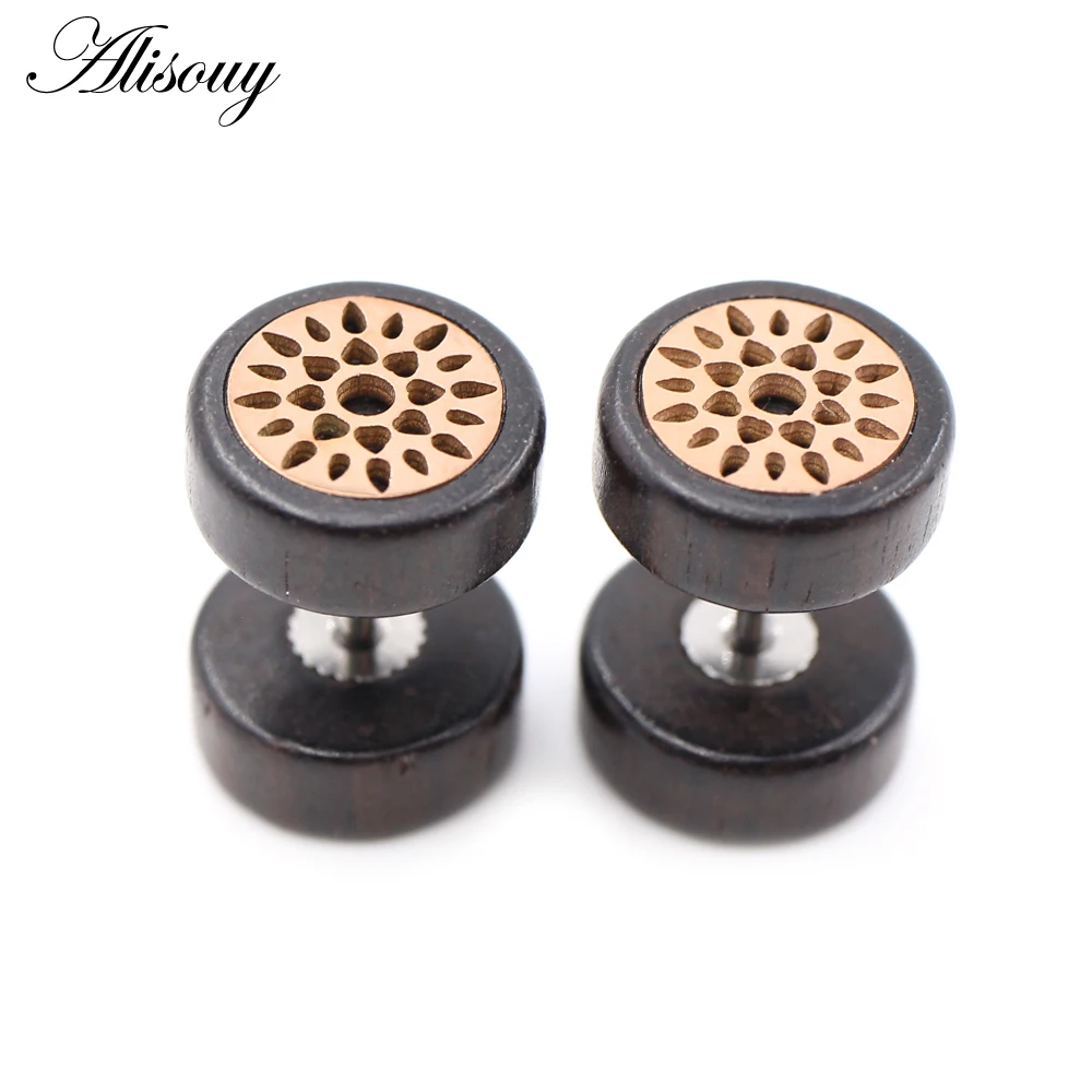 Alisouy 2PCS Stainless Steel Star Flower Natural Wood Punk Ear Stud Earrings Tragus Barbell Fake Ear Plugs Brincos For Men Women