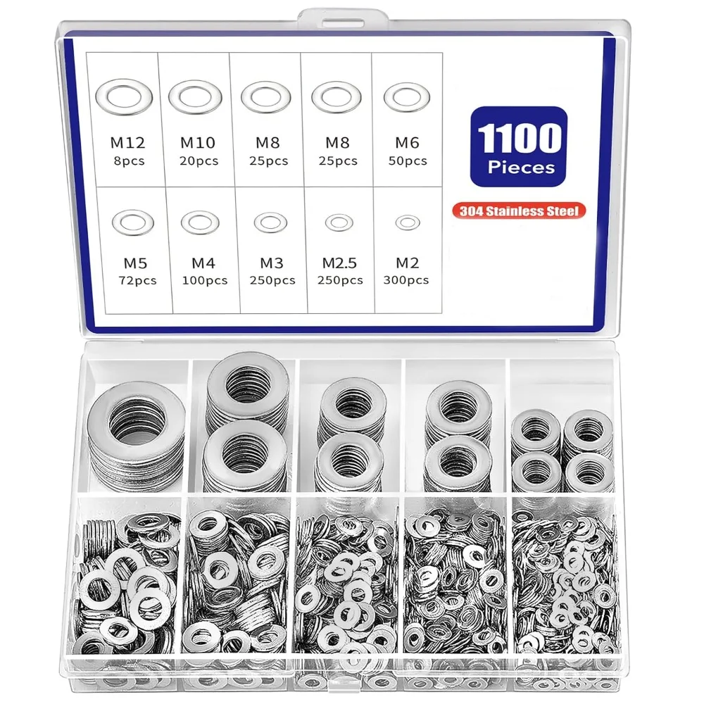 290/900/1100pcs boxed 304 stainless steel flat washer M2‑M12 suitable for automotive construction industrial DIY applications