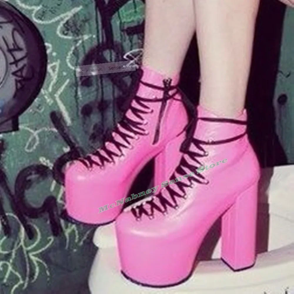 

Round Toe Platform Ankle Boots Chunky High Heels Lace Up Straps Boots Women Casual Shoes Spring Party Designer Fashion Zipper
