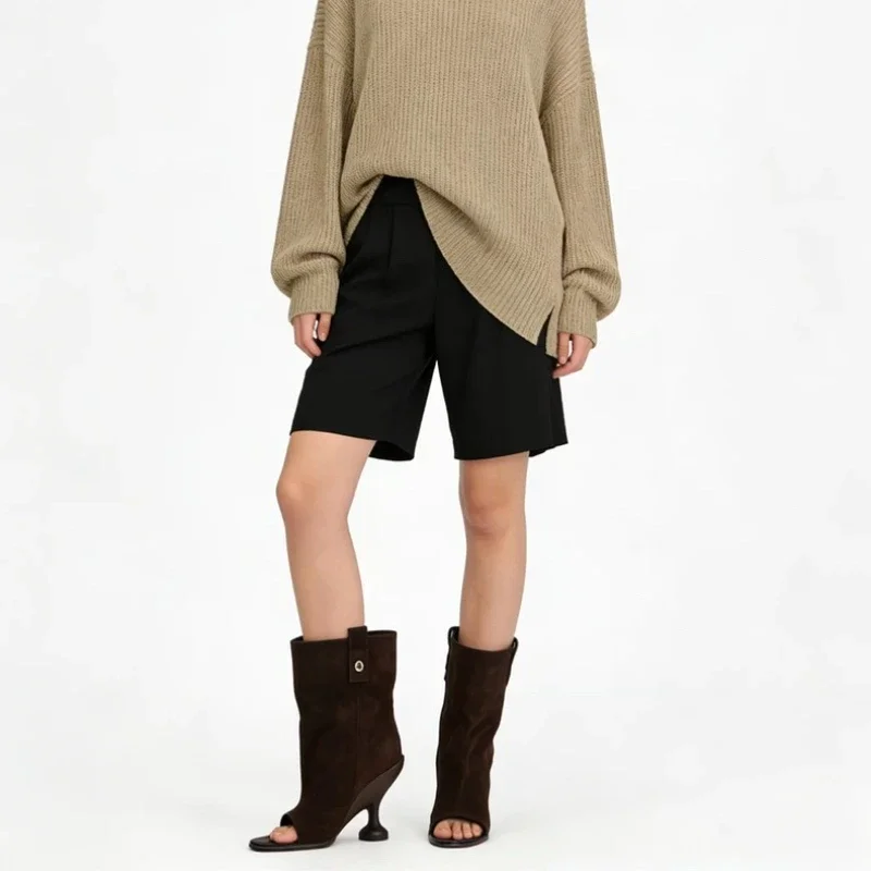 

Spring and Summer New Wide Tube Round Toe Short Boots Fashionable Open Toed Fish Mouth Cool Boots 34-44 Large Ankle Boots