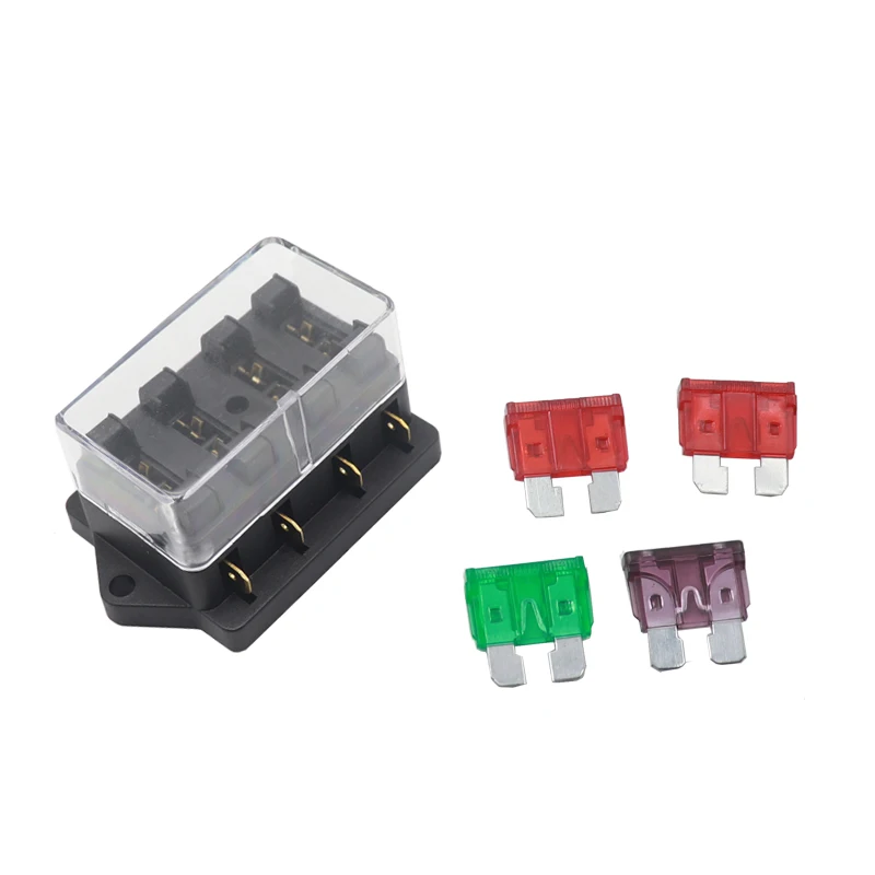 4-Way Car Boat Fuse Box Holder with 4 Fuse Blades Fuse Holder Block for Automotive Cars SUV Boats Marine Truck Accessories