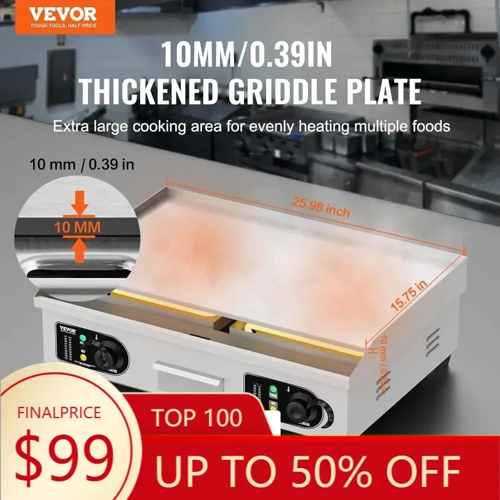 

Stainless Steel VEVOR Electric Flat Top Grill, 2800W Countertop Griddle with 26 Cooking Surface and 2 Shovels