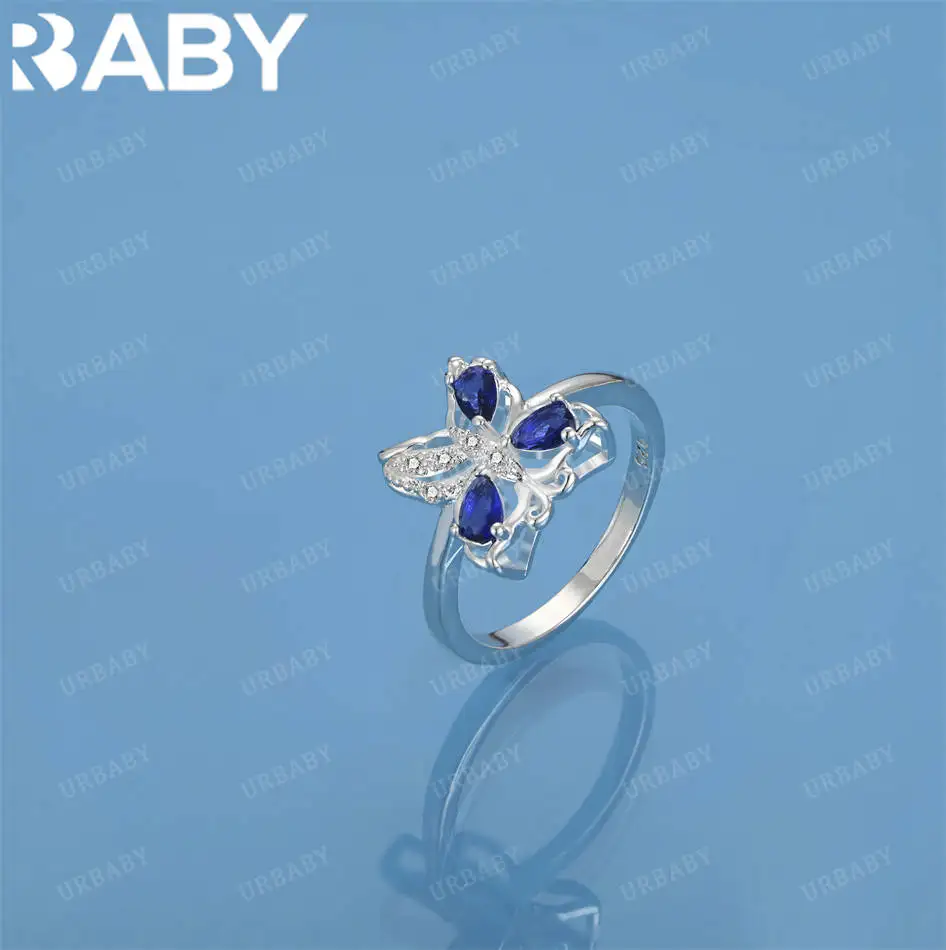

URBABY 925 Sterling Silver Size 7-10 Blue Zircon Butterfly Ring For Women Fashion Jewelry Charm Grace Noble Wedding Accessories