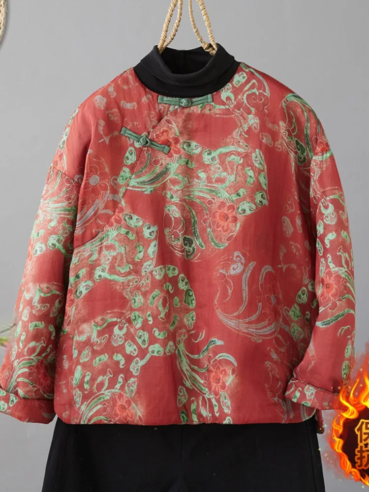 

Retro Chinese Style Red Totem Collared Cotton Jacket Women's Lightweight round Neck Color Block Button Thickened Warm Cotton ...