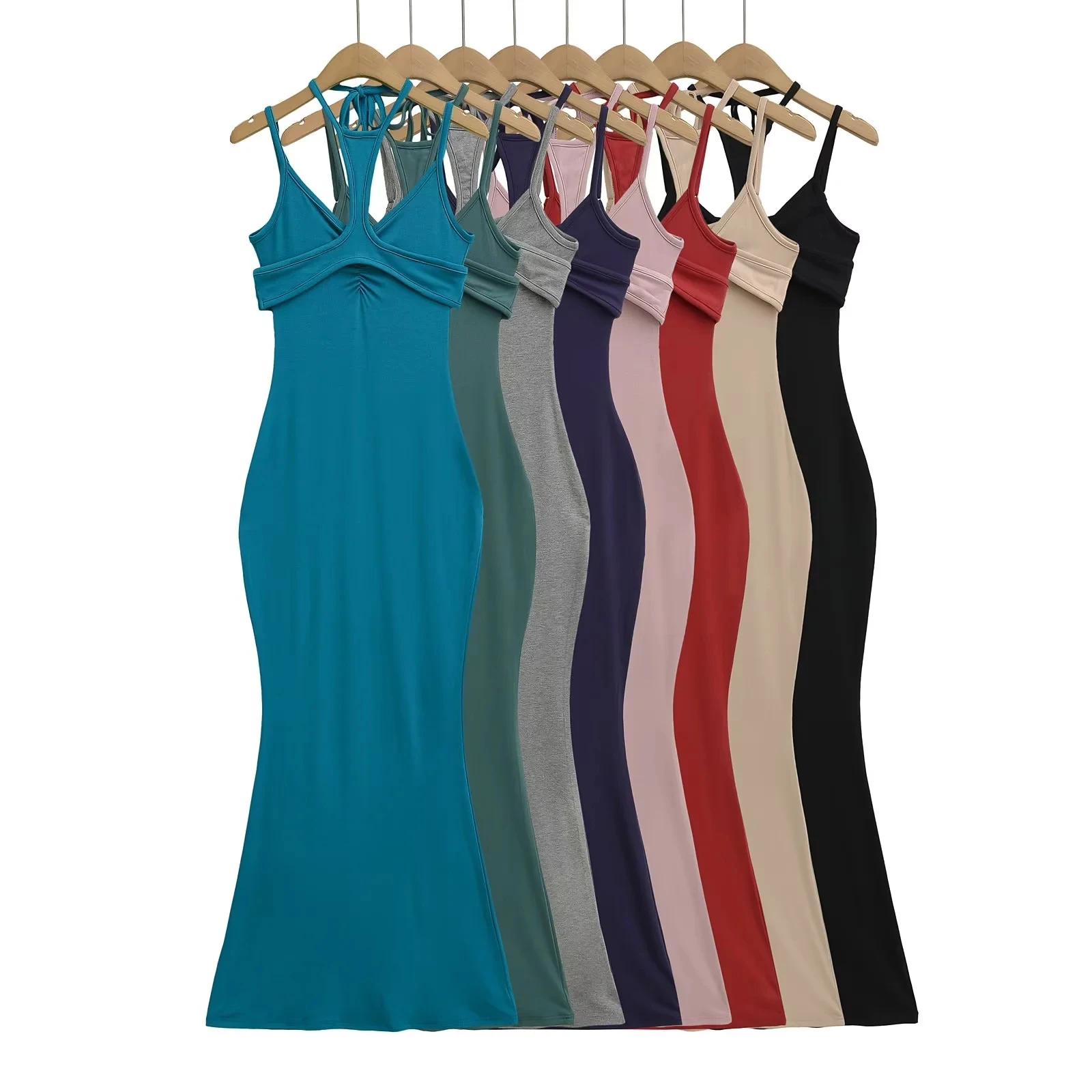 

Sexy Spicy Girl Vest Strap Dr Two-Piece Set Summer Slim Elastic Women's Dr Sexy Fi Tail Long Skirt Casual Pure Color