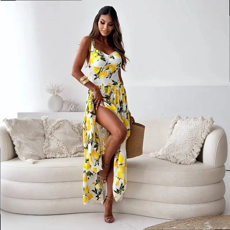 Summer Women Floral Print Tie Waist Sleeveless Dress A Line Midi Dress Flowy Swing Dress