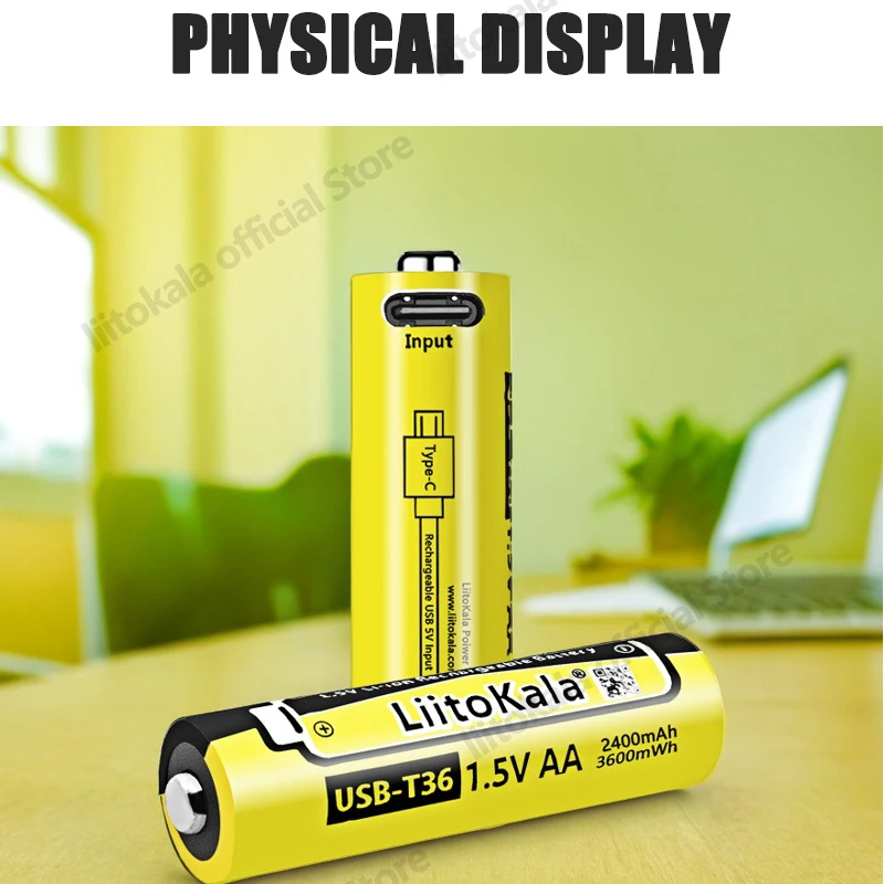 Liitokala USB-T36 1.5V AA 3600mWh Li-Ion Rechargeable Battery 1200 Cycle Type-C AA 2400mAh Battery with 4-in-1 USB Cable