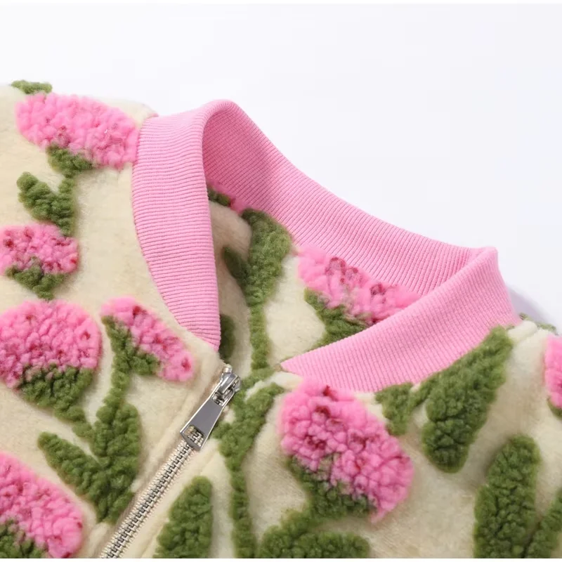 Designer 3D-Blumen-Fleece-Bomberjacke für Damen, Modische Oversize-Jacke mit Reißverschluss, Luxuriöse Plüsch-Oberbekleidung, Herbst-Winter-Streetwear 2026 – Detail 8