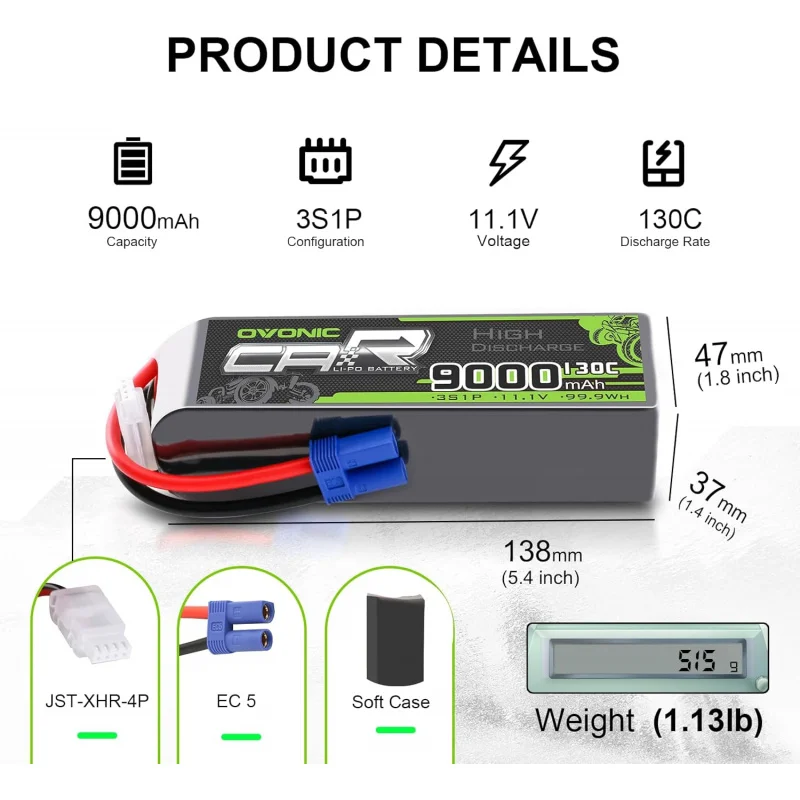 OVONIC 3S LiPo Battery 9000mAh 11.1V 130C RC Battery with EC5 Connector (2 Pack)