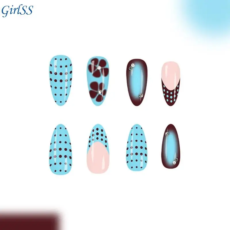 أنيقة الأزرق الأزهار الصحافة على الأظافر 24 قطعة صالون نمط الأظافر الاصطناعية لمناسبات الحفلات مريحة ارتداء اليومي T4MB