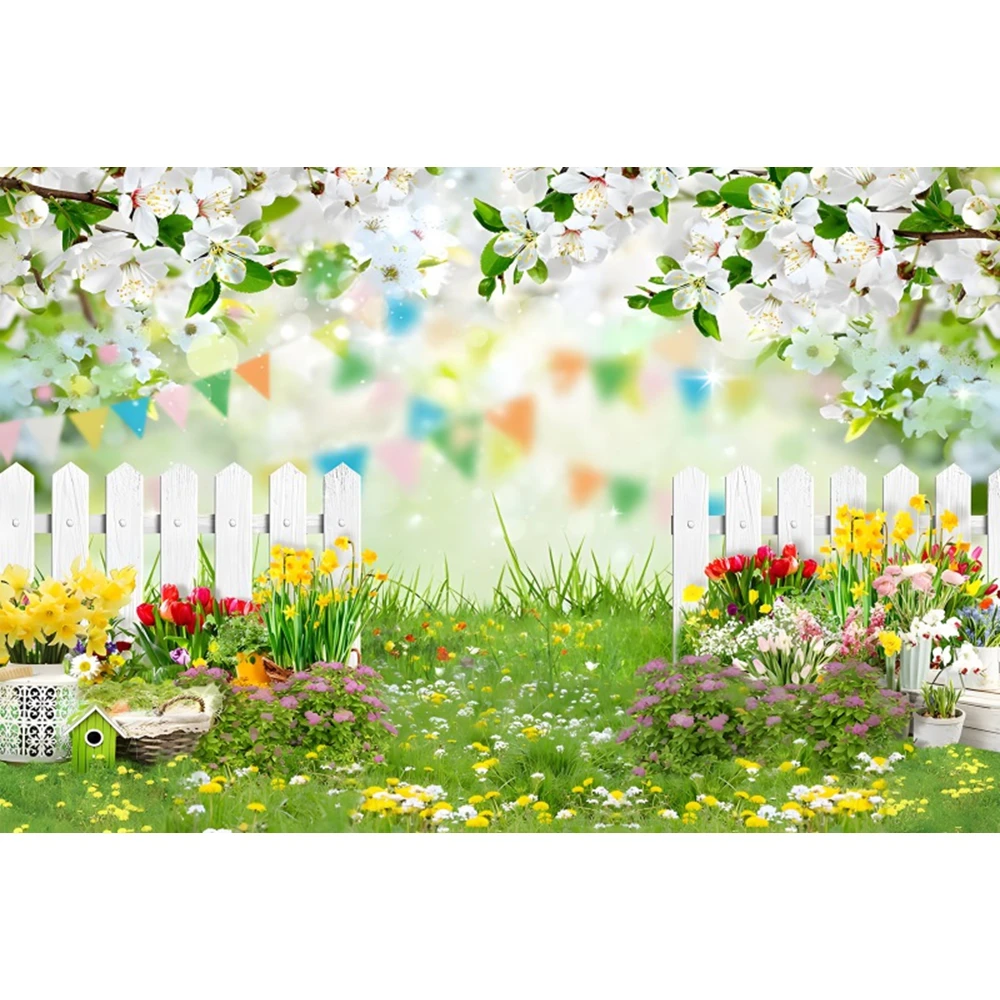 Spring Garden Natural Scene Backdrop Green Grass Flower Floral Fence Easter Kids Portrait Photography Background Photo Studio