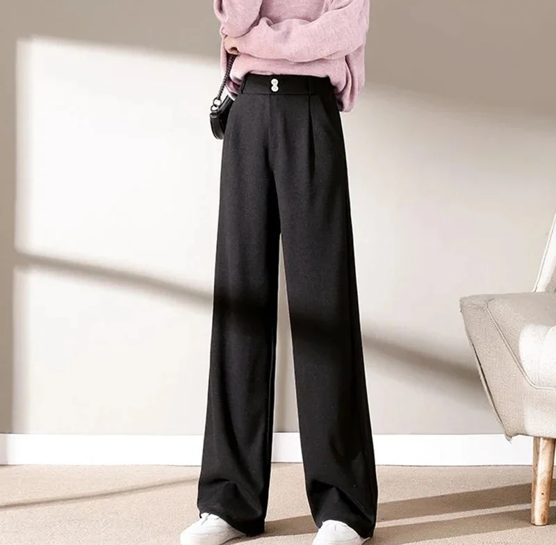 Otoño Invierno pantalones clásicos femeninos niñas pantalones de pierna recta estrecha señora sólido grueso pantalones de cintura alta