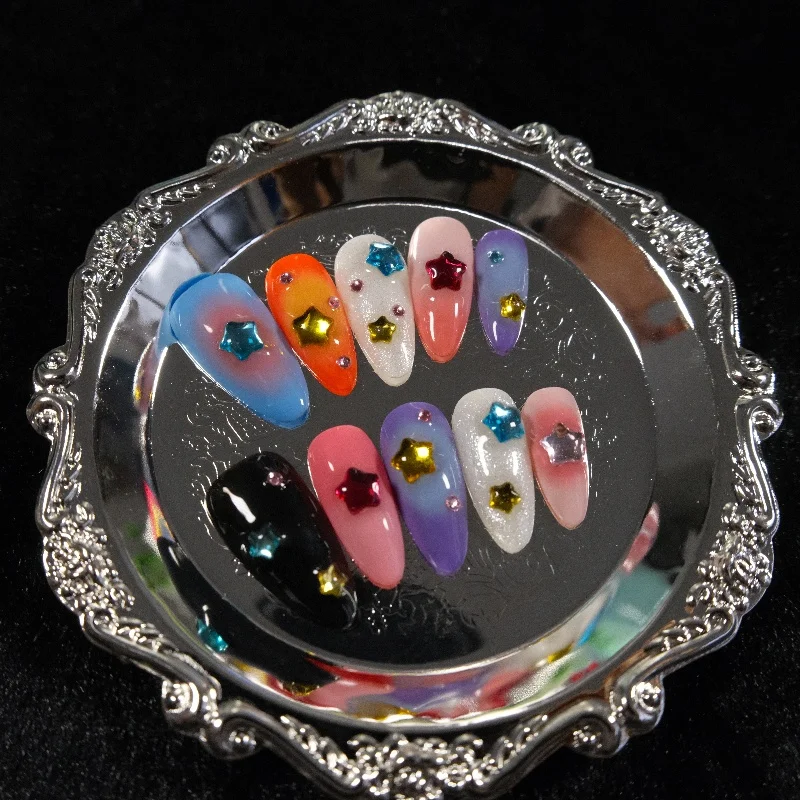 10 SZT. Paznokcie Sztuczne Dopaminowe w Kształcie Migdała, Słodki i Modny Styl z Kokardką i Gwiazdą, Ręcznie Robione, Wielokrotnego Użytku, Kolorowe dla Kobiet i Dziewcząt