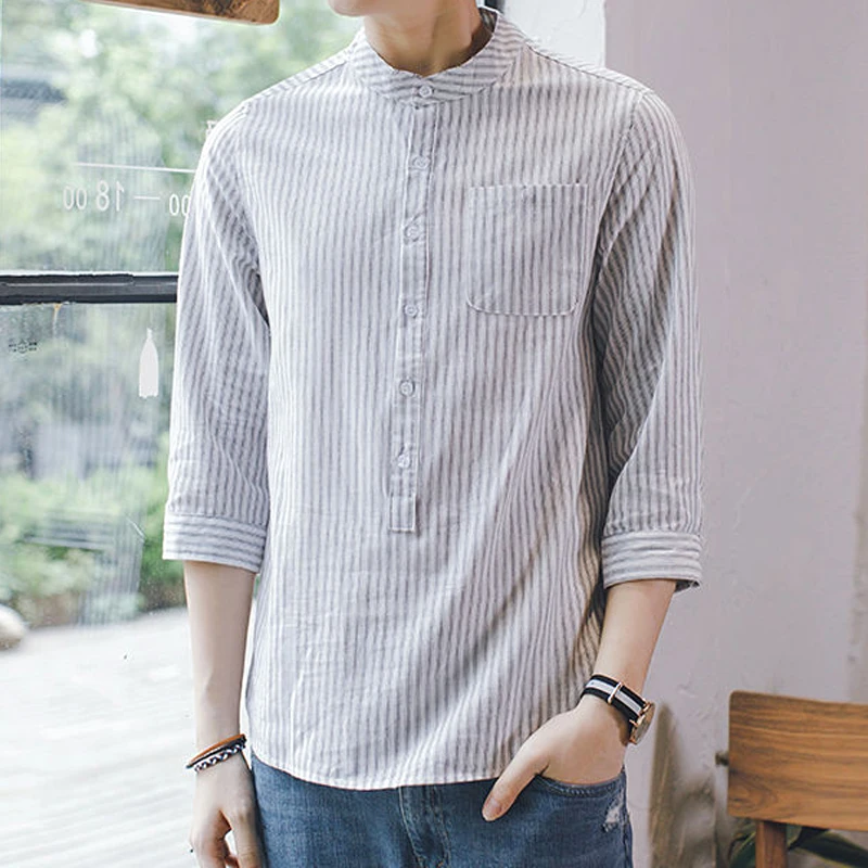 

2023 Men's Clothing Button Printing Striped Handsome Three Quarter Sleeve Man Simplicity Round Neck Loose Fashion Casual Shirts