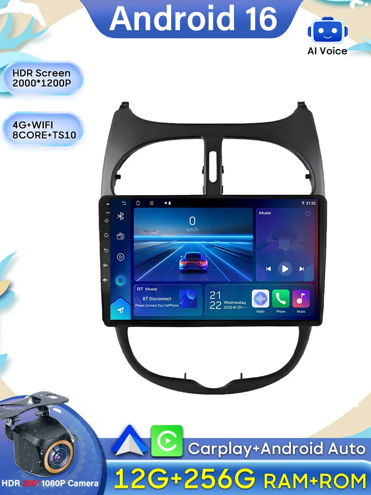 Android 16 autoradio voor Peugeot 206 206CC 1998-2012 autoradio Bluetooth 4G Wifi GPS navigatiescherm draadloze Carplay monitor - afbeelding 2