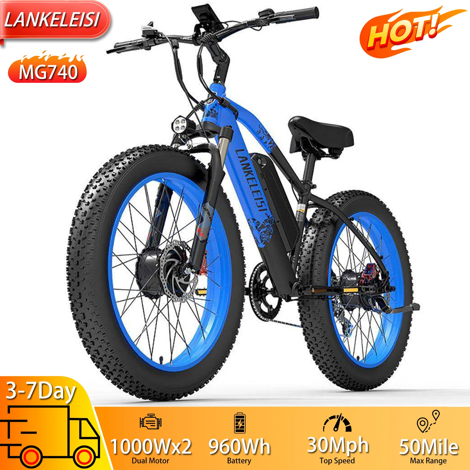 

Electric Bicycle Lankeleisi Mg740 26" 1000Wx2 Motor All Terrain Adult Electric Bike 48V 20AH Dual Disc Brakes 7 Speed Load 150Kg