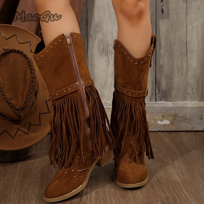 Otoño Invierno Mujer flecos Botas de tacón medio grueso gamuza puntiagudas moda al aire libre Botas de vaquero a media pantorrilla Botas Para Mujer Size43