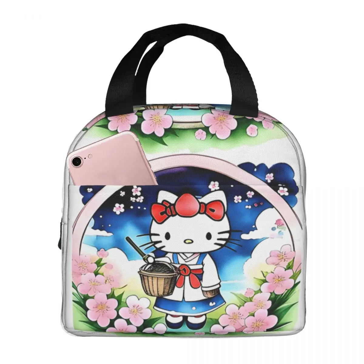 

Casual Hand Bag Hello Kitty Cherry Blossom Field Durable Waterproof Sanrio Outdoor Picnic Storage Teenager