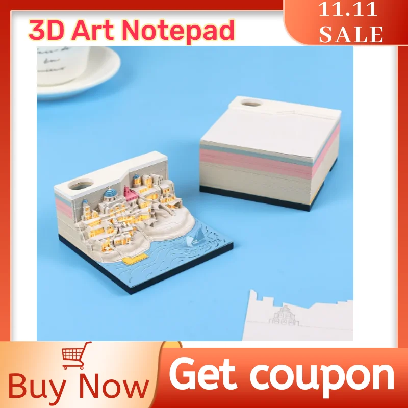 

Omoshiroi Block 2024 3D Art Notepad Block Santorini 3D Art Calendar with Led Memo Pad Paper Notes Desk Decor Birthday Gift