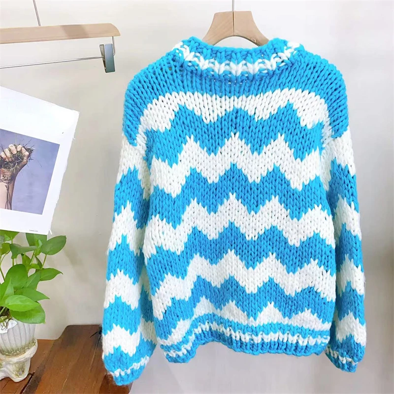 Handmade Plaid Color Block Knit Chunky Sweater Flowers Light Blue Bulky Pullover 2023 Winter Fashion