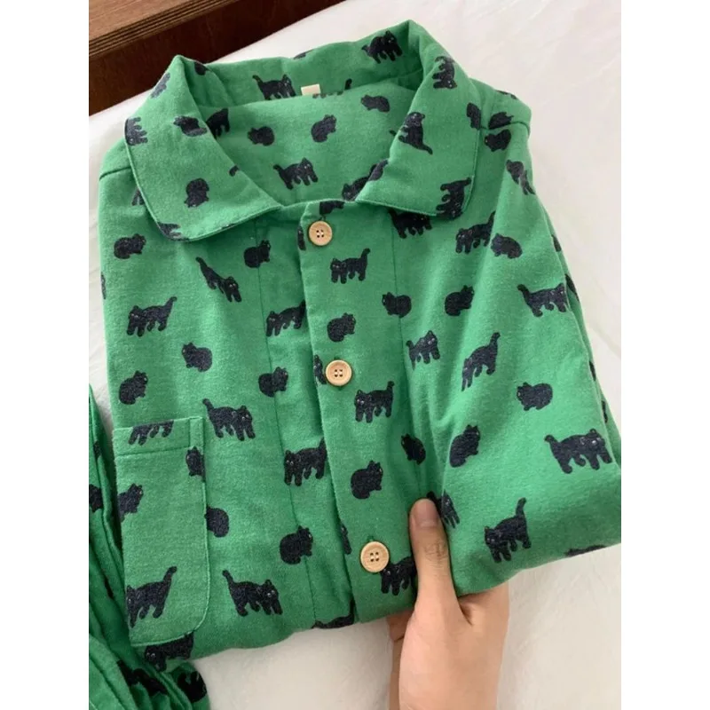 Korean Version Contrasting Color Kitten Printing Polished Pajamas Women's Spring  New Cute Loungewear Suit Can Be Worn Outside