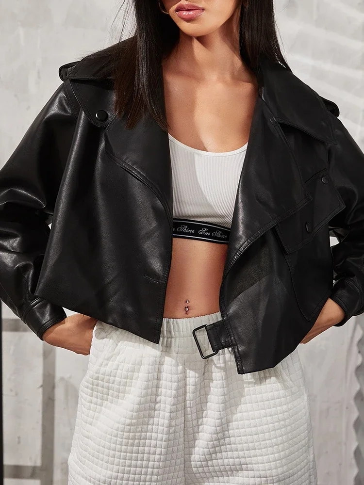 Ailegogo Streetwear Women Loose Single Button Pu Faux Leather Short Jacket Spring Autumn Female Moto Biker Coat Chic Outwear