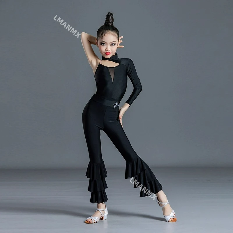 

Осеннее новое платье для латинских танцев, брюки для девочек, тренировочное платье, черный комплект брюк для латинских танцев