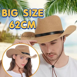 2024 New Large Size 62cm Foldable Men's  Women's  Big Head Straw headgreat Sun Hat Men's Summer Beach Sun CapTrendy Top Panama