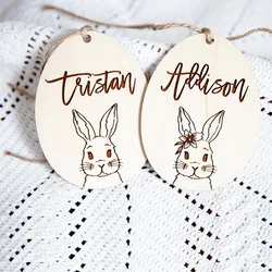 Personalized custom rabbit Bunny happy Easter party Egg Hunt basket Bucket bag Name Tag Ornament children kid boy girl gift sign