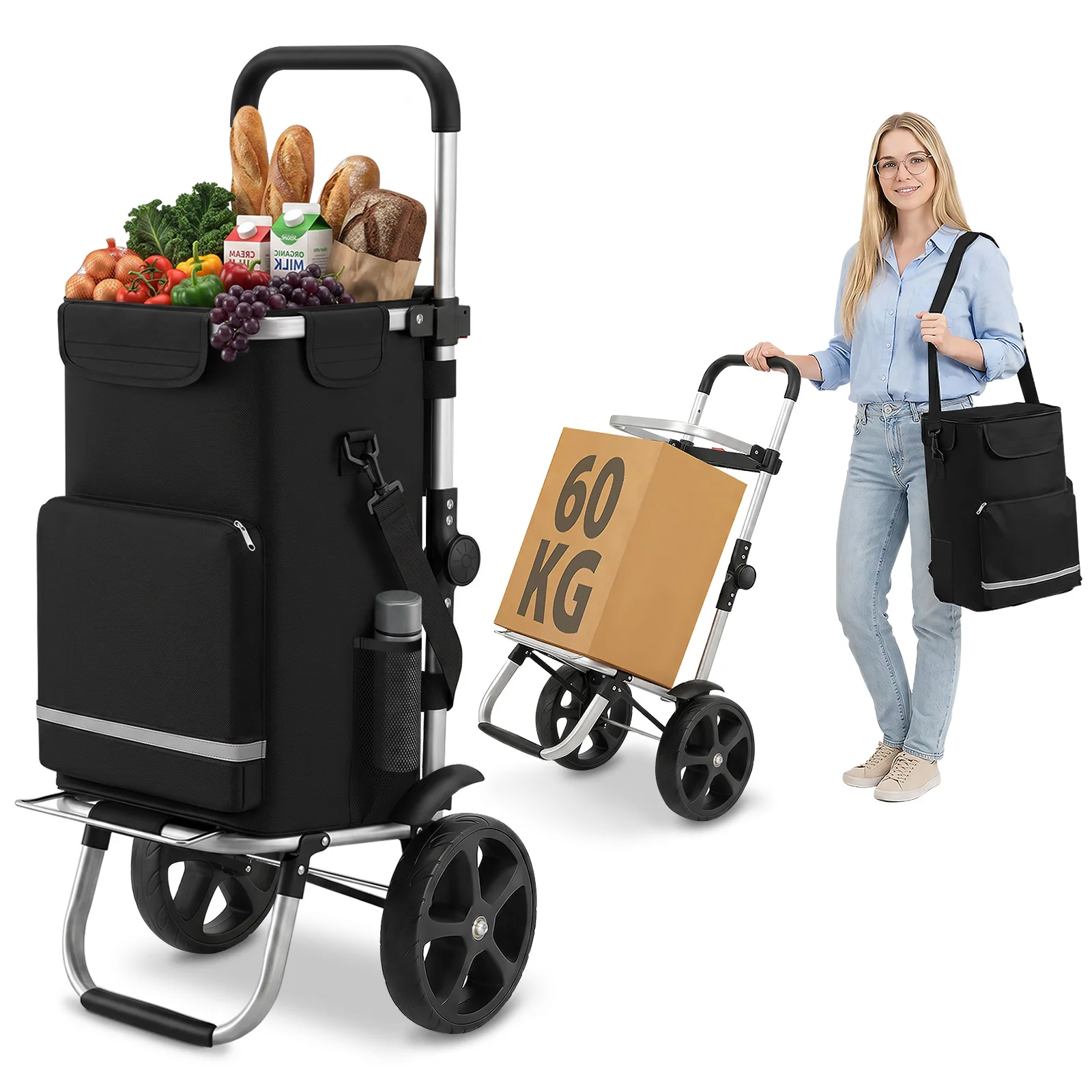 Carrello della spesa pieghevole con scomparto termico, carrello 3-in-1 utilizzabile come carrello a mano e borsa a tracolla