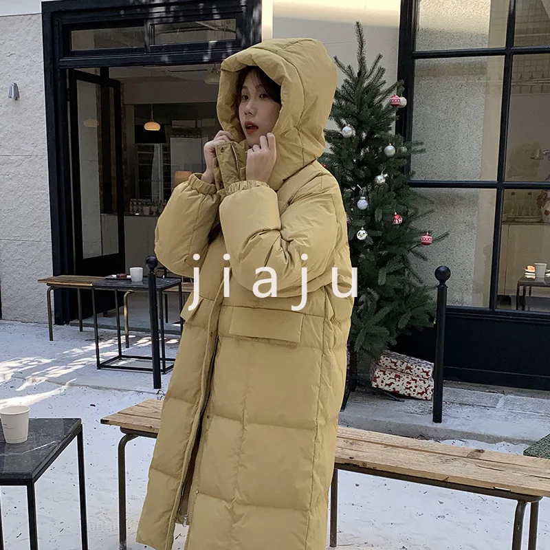 【11 colors】 Long down jacket women's Korean version of winter loose hooded white duck down long jacket