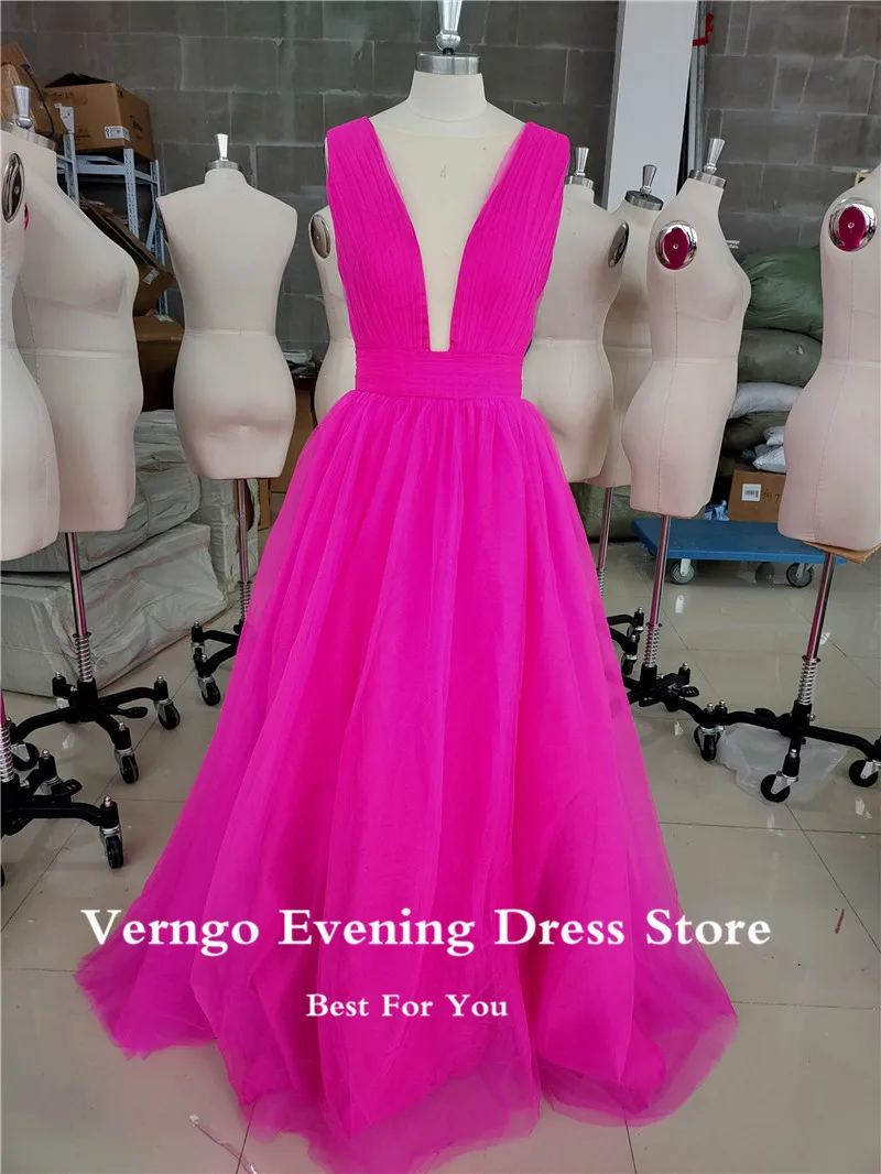 Verngo Elegant Fuchsia Tulle A Line Prom Dresses Sexy Deep V Neck Floor Length Open Back Long Simple 2021 Evening Gowns