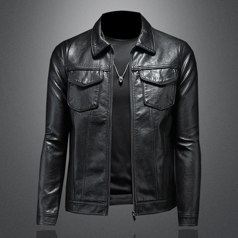 

2024 autumn and winter new men's lapel zipper high-quality leather jacket, fashionable slim fit motorcycle leather jacket