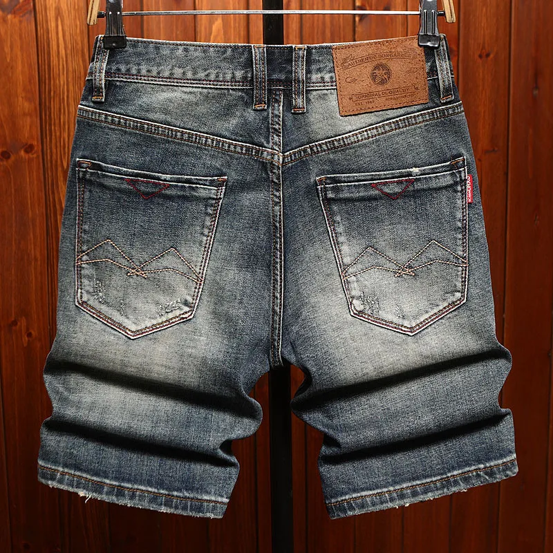 High end summer denim shorts for men, trendy, fashionable, stretchy, nostalgic, retro men's clothing, denim five quarter pants