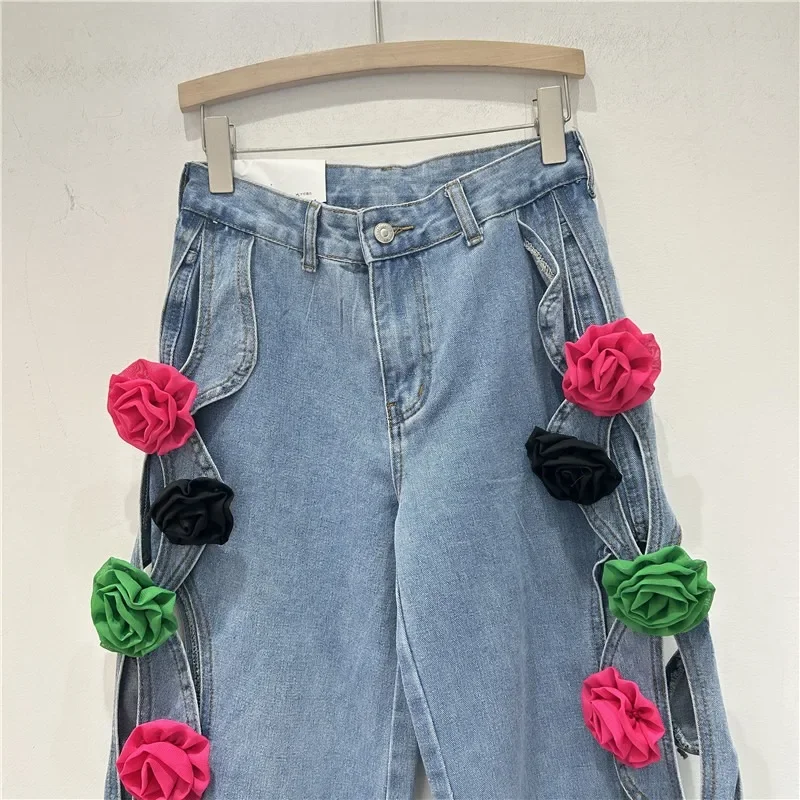 Women Colorful 3D Flowers Hollow Out Jeans Floral Denim Trousers Pockets Straight Wide Legs Cowboy Pants High Waisted Pantalon