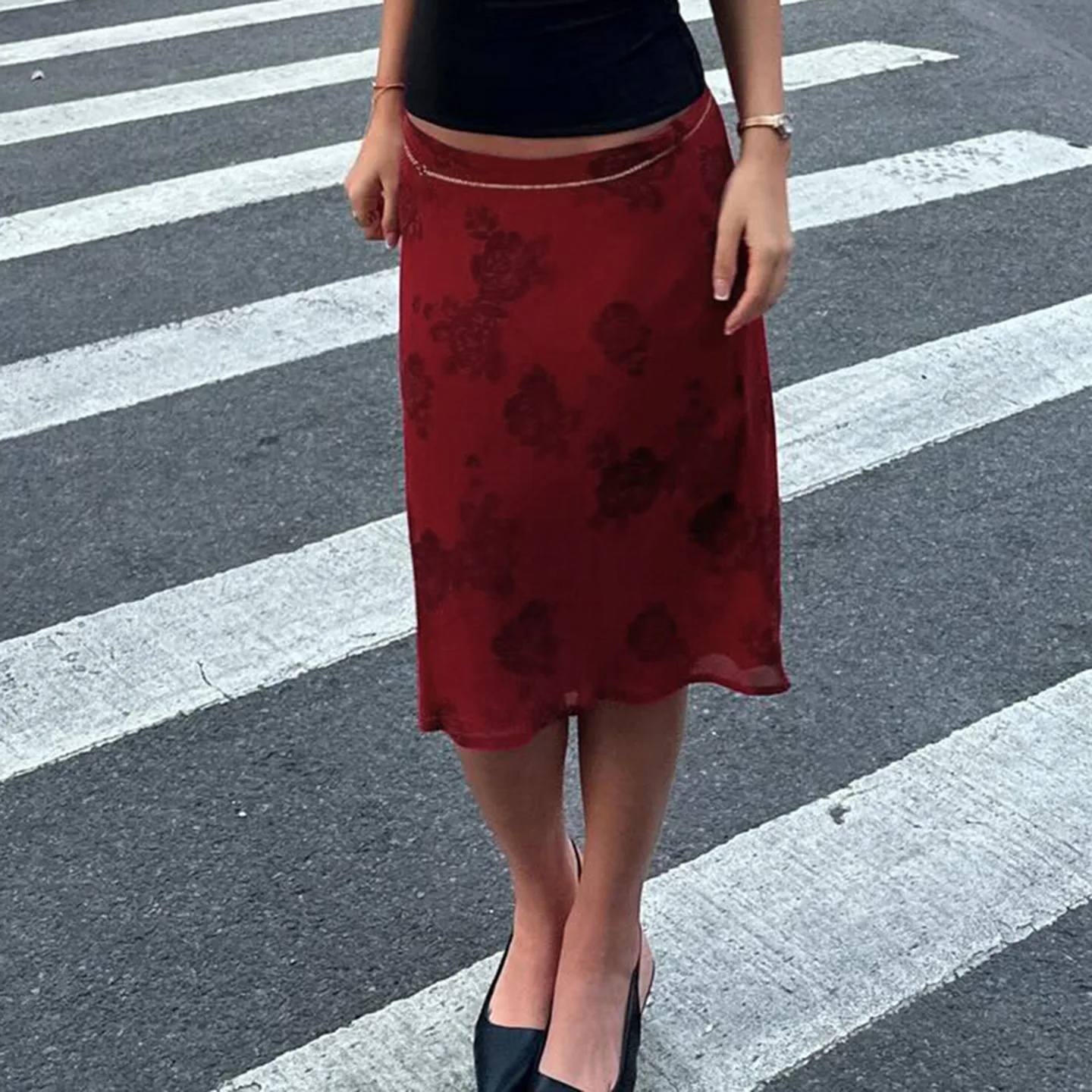 Retro Floral Digital Print Low Waist Lightweight Double Layer Mesh Skirt Temperament Hip Hugging Women Daily Vacation Skirt