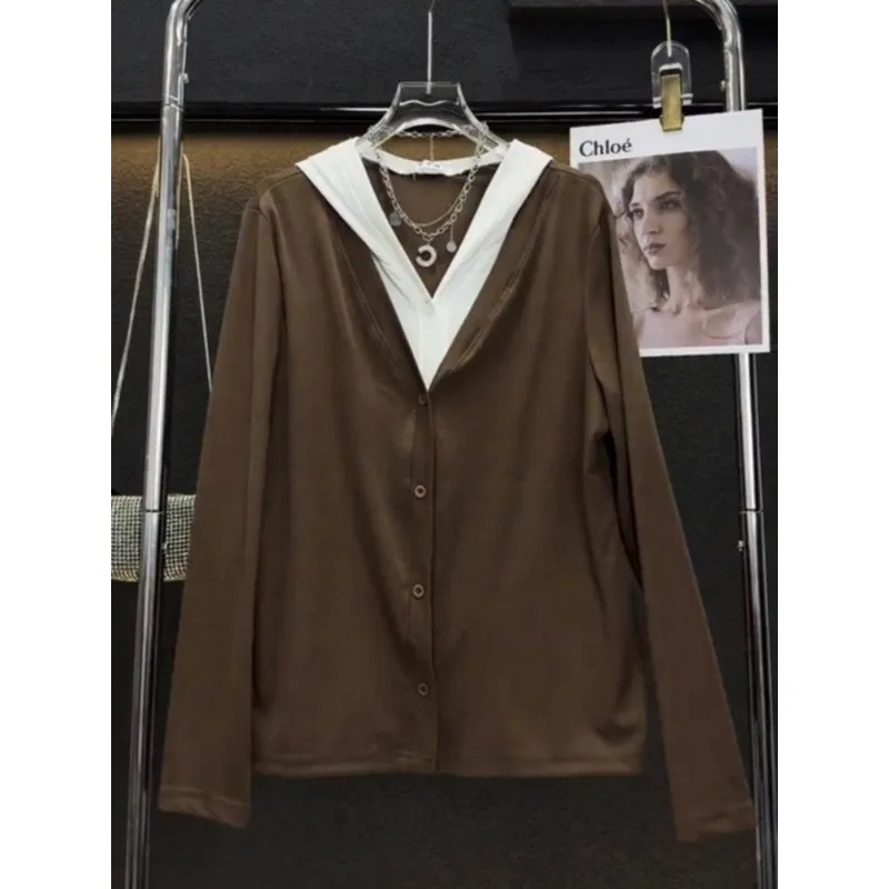 

Осенняя мода, свободный, универсальный искусственный двухсекционный повседневный универсальный топ с капюшоном и длинными рукавами для женщин