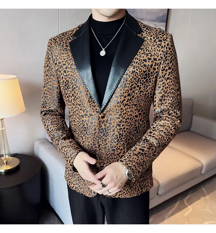 Blazer Men Designer Leopard Printed Luxury Single Breasted Male Suit Jacket Business Casual Blazer Social Party Dress Spring New