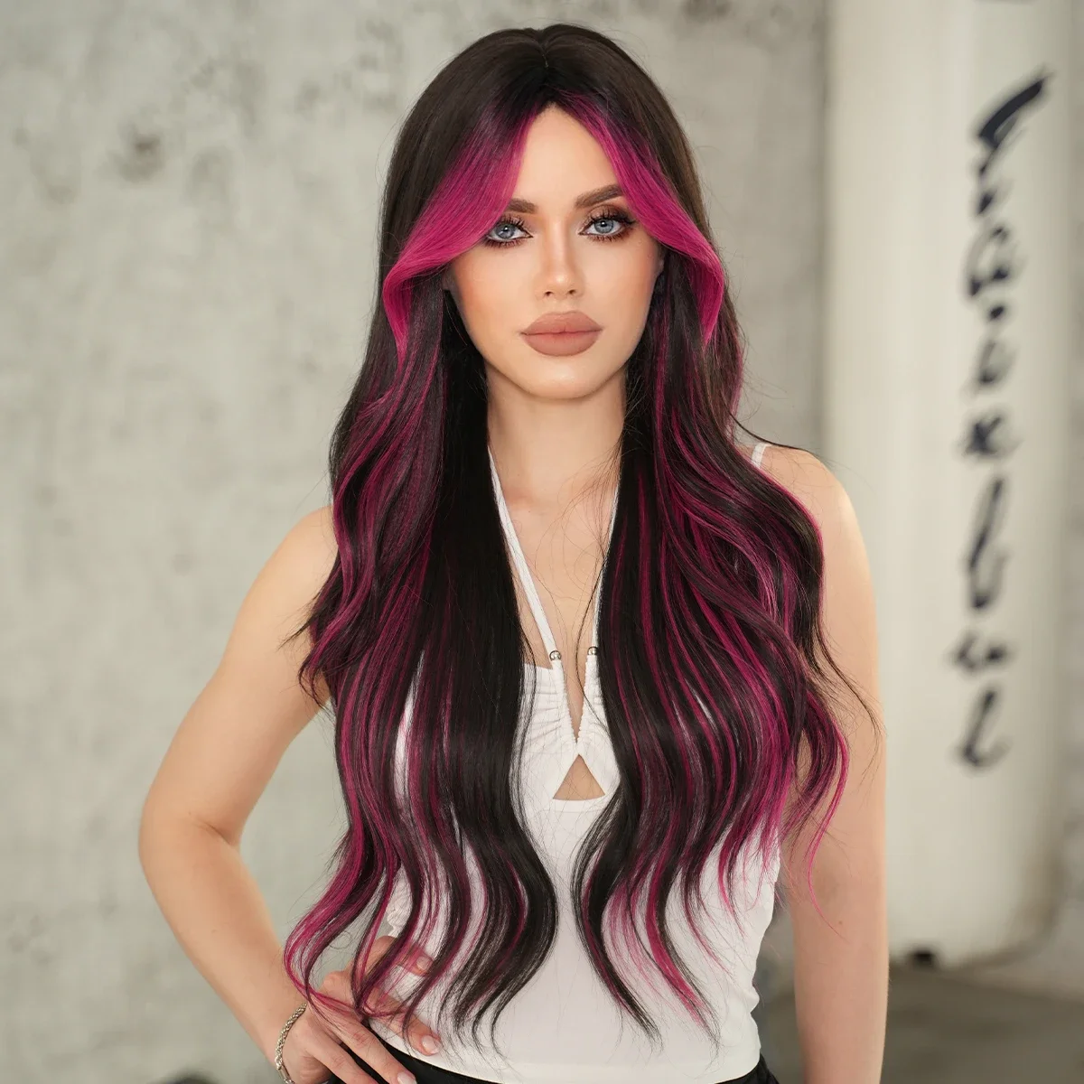 PARK YUN Long Wave Deep Purple Highlight Black Wigs for Women Daily Party Use High Density Fluffy Layered Synthetic Hair Wig