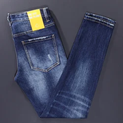 Fashion Designer Men Jeans High Quality Retro Blue Elastic Stretch Slim Fit Ripped Jeans Men Vintage Trousers Brand Pants Hombre