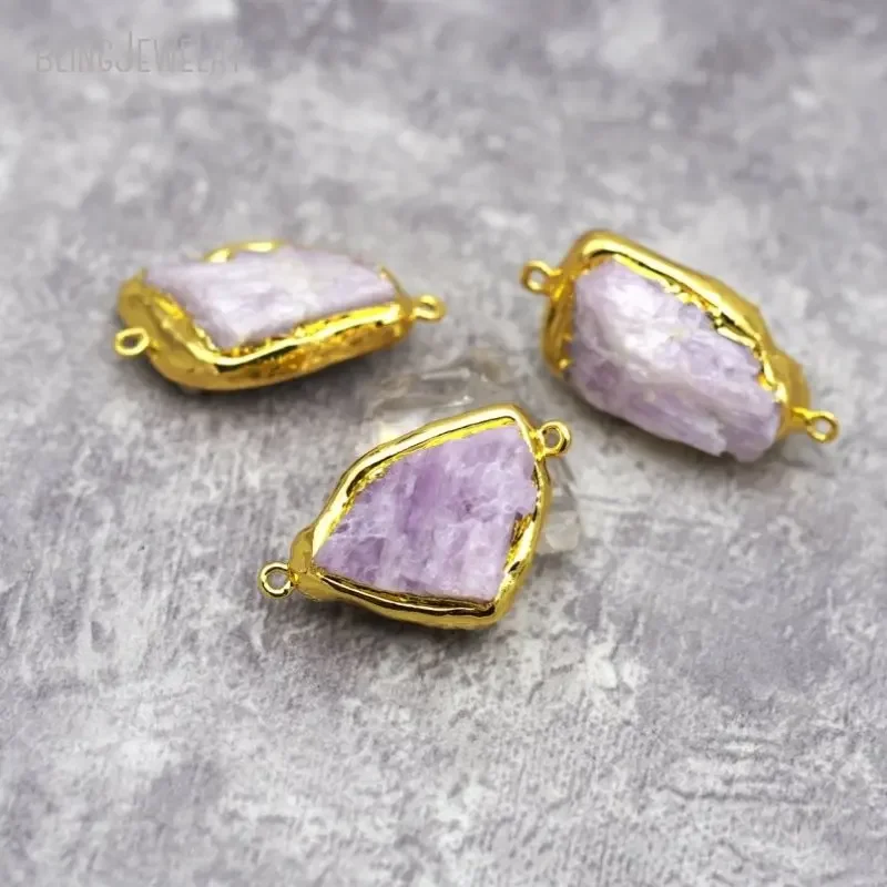 10pcs Gold Color Kunzite Connector Reiki Healing Crystal Spiritual Collar Natural Stone Pendant Jewelry Making Supply Pink Charm