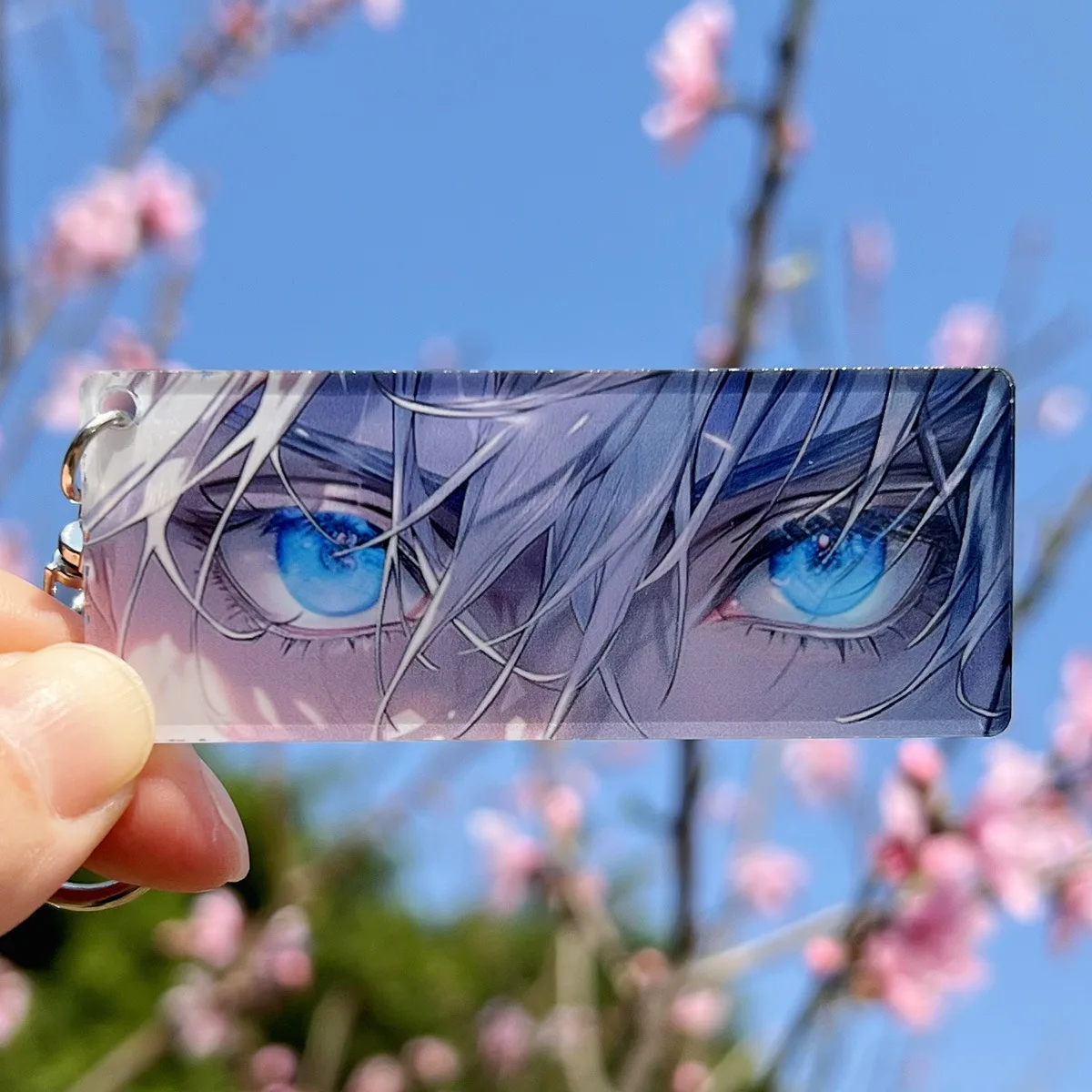 2 Stück/Set Cartoon-Figur Satoru Gojo leuchtende Augen Schlüsselanhänger transparenter Kartenanhänger Anime Jujutsu Kaisen Acryl Rucksack Geschenk – Detail 5