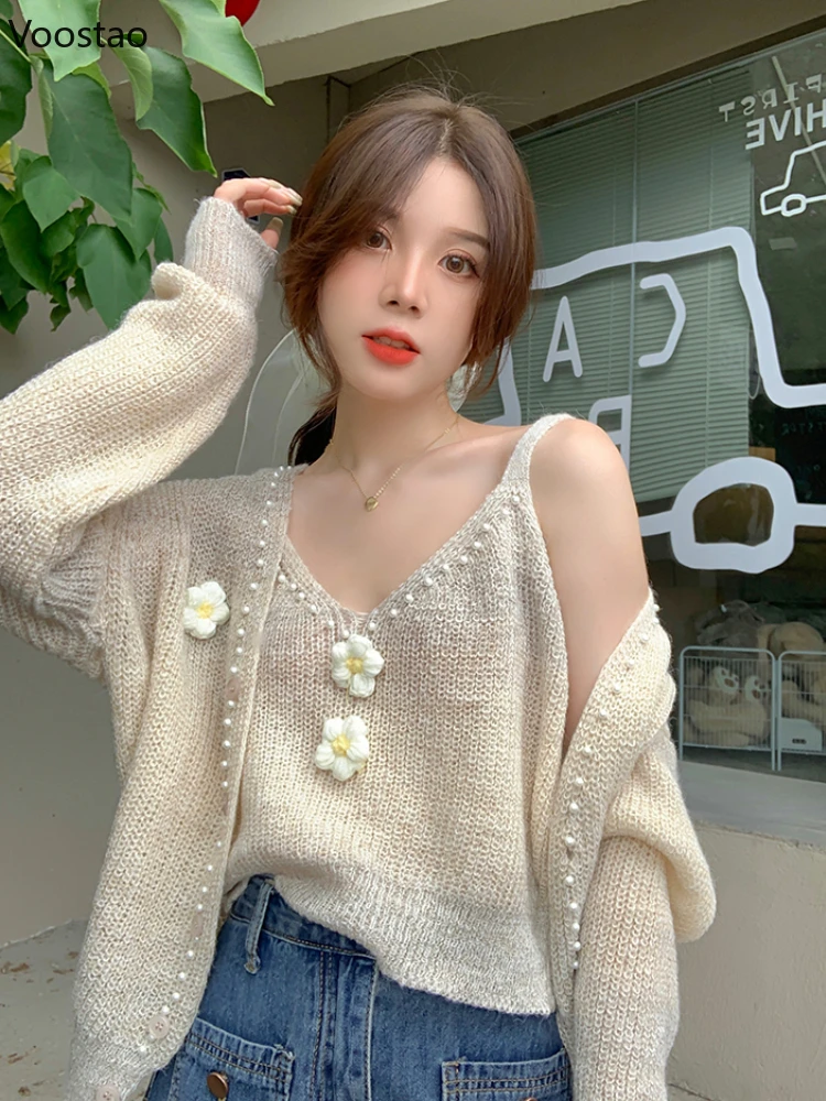 Autumn Sweet Pink Knitted Cardigan 2 Piece Set Women Casual Camisole + Flowers Pearl Sweater Coat Female Elegant Loose Clothing