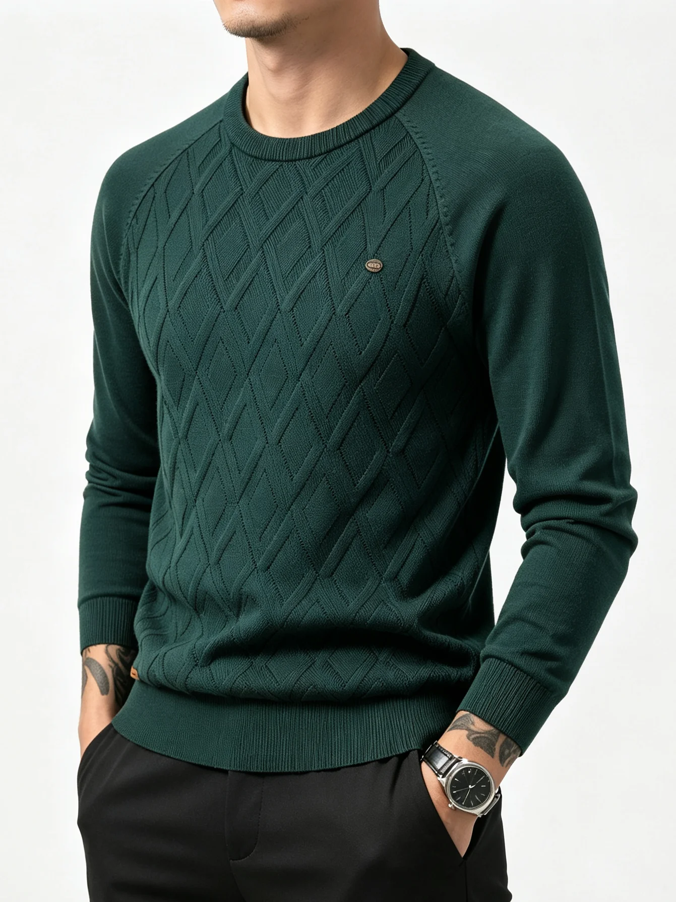 Men's Crew Neck Twisted Knit Sweater Contrast Color Trim Long Sleeve Slim Fit Pullover Autumn Winter Business Casual Knitwear