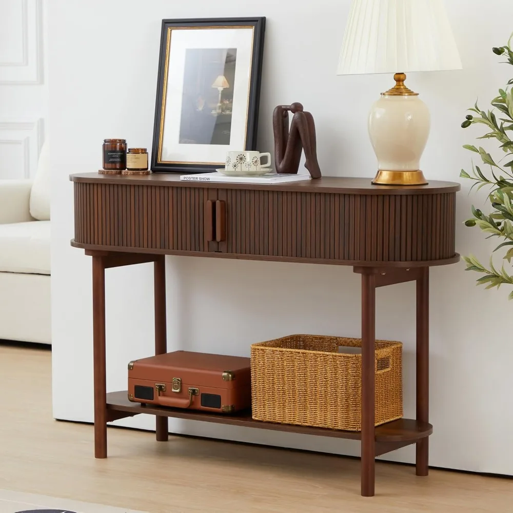 Fluted Console Table, Modern Entryway Table with Tambour Sliding Door, 2-Tier Sofa Table with Storage, Side Table Behind